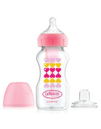 DR.BROWN'S plastikinis, pereinamasis buteliukas OPTIONS+ plačiu kakleliu, rožinis 270ml + silikoninis snapelis