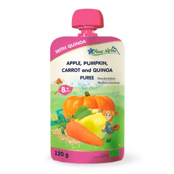 FLEUR ALPINE Obuolių, moliūgų, morkų ir bolivinių balandų tyrelė, nuo 8 mėn. 120g