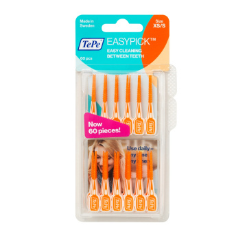 TePe dantų krapštukai EasyPick XS/S oranžiniai N60 + dėklas, blisteris