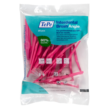 Tarpdančių šepetėliai TePe Angle 0.4mm rožiniai N25 su dangteliu