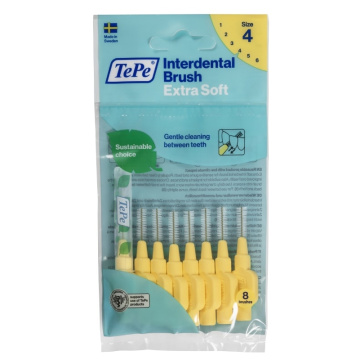 Labai minkšti geltoni tarpdančių šepetėliai TePe 0.7mm, ISO 4, 8 vnt.