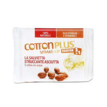 COTTON PLUS 2IN1 sausi makiažo vatos lapeliai su pieneliu ARGAN, 40 vnt.