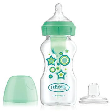 DR.BROWN'S plastikinis, pereinamasis buteliukas OPTIONS+ plačiu kakleliu, žalias 270ml + silikoninis snapelis