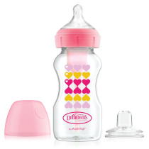 DR.BROWN'S plastikinis, pereinamasis buteliukas OPTIONS+ plačiu kakleliu, rožinis 270ml + silikoninis snapelis