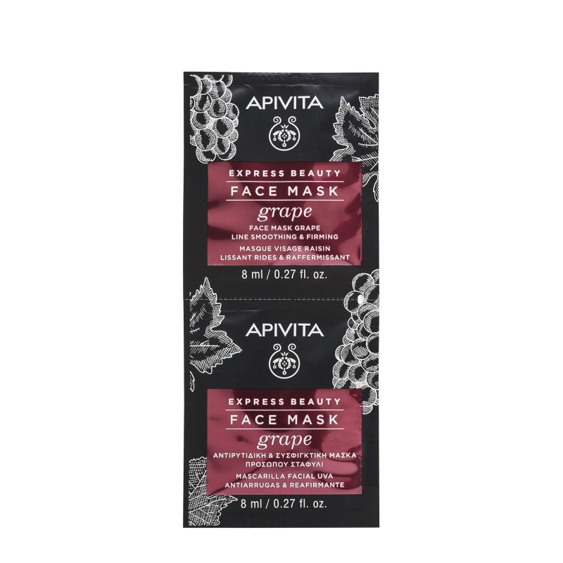 APIVITA EXPRESS BEAUTY kaukė veido, su vynuogėmis, stangrinamoji 2 x 8ml