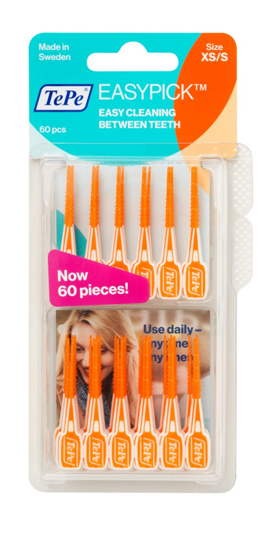 TePe dantų krapštukai EasyPick XS/S oranžiniai N60 + dėklas, blisteris