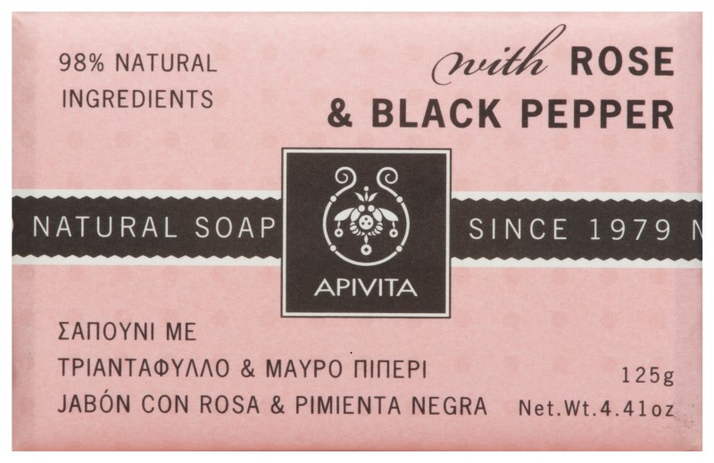 Apivita muilas Natural, su rožėmis ir juoduoju pipiru, 125g