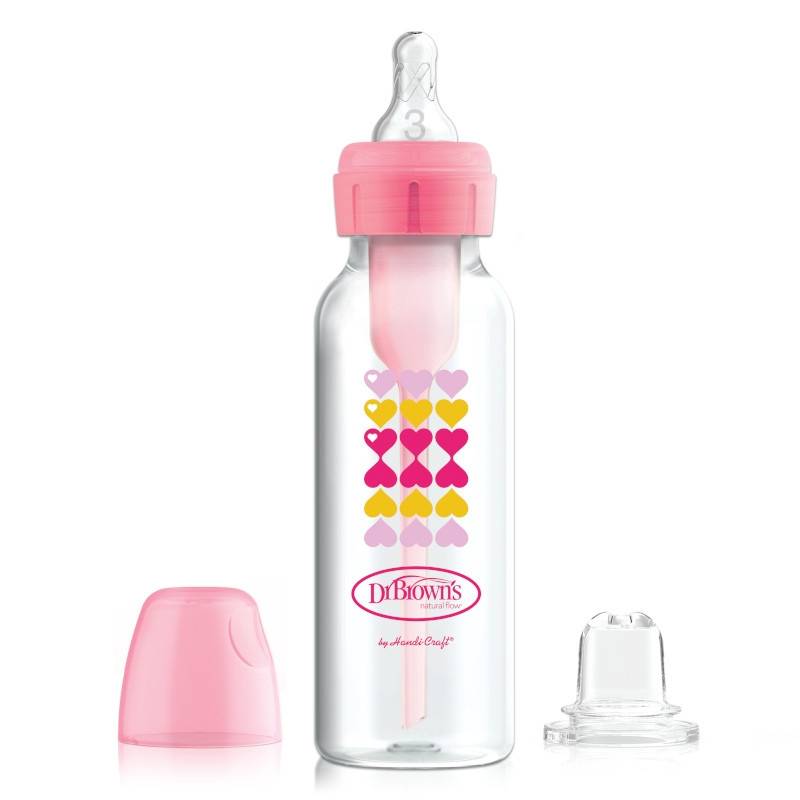 DR.BROWN'S plastikinis buteliukas pereinamasis OPTIONS, siauru kakleliu, rožinis 250ml + silikoninis snapelis