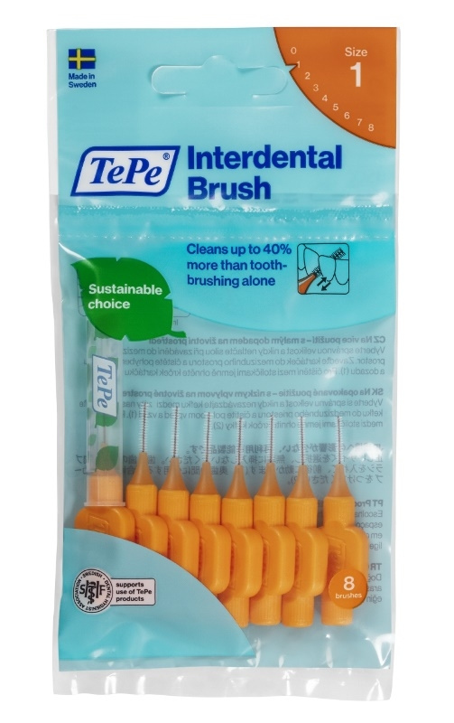 Oranžiniai tarpdančių šepetėliai TePe 0.45 mm, ISO 1, 8 vnt