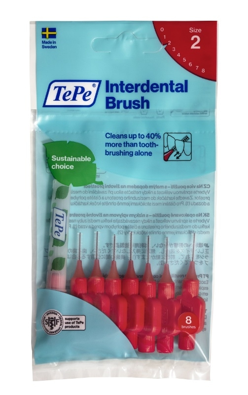 Raudoni tarpdančių šepetėliai TePe 0.5mm, ISO 2, 8 vnt