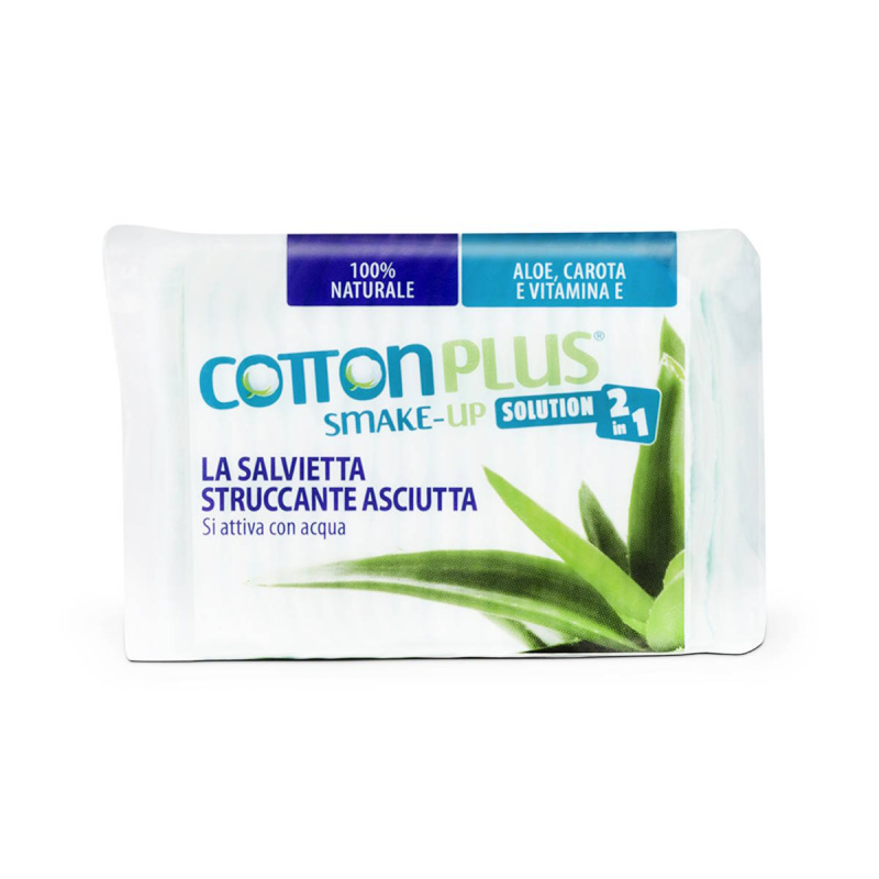 COTTON PLUS 2 IN 1 kuivat meikinpoistolaput puhdistusmaidolla ALOE VERA, 40 kpl