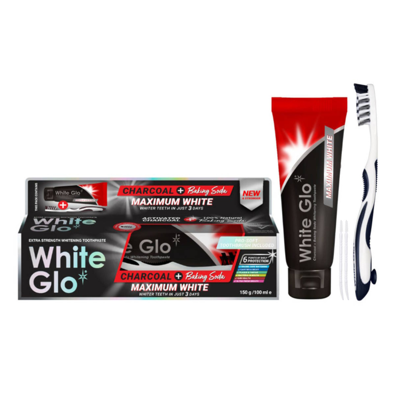 WHITE GLO отбеливающая зубная паста с активированным углём и содой MAXIMUM WHITE, 150 g
