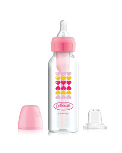 DR.BROWN'S plastikinis buteliukas pereinamasis OPTIONS, siauru kakleliu, rožinis 250ml + silikoninis snapelis