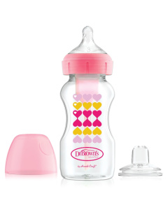 DR.BROWN'S plastikinis, pereinamasis buteliukas OPTIONS+ plačiu kakleliu, rožinis 270ml + silikoninis snapelis